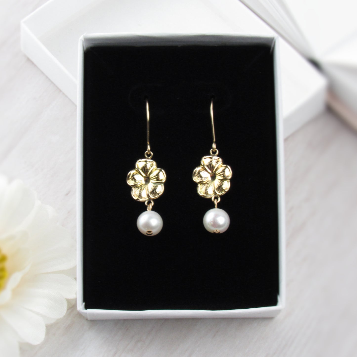 Gold Flower Pearl Dangle Earrings