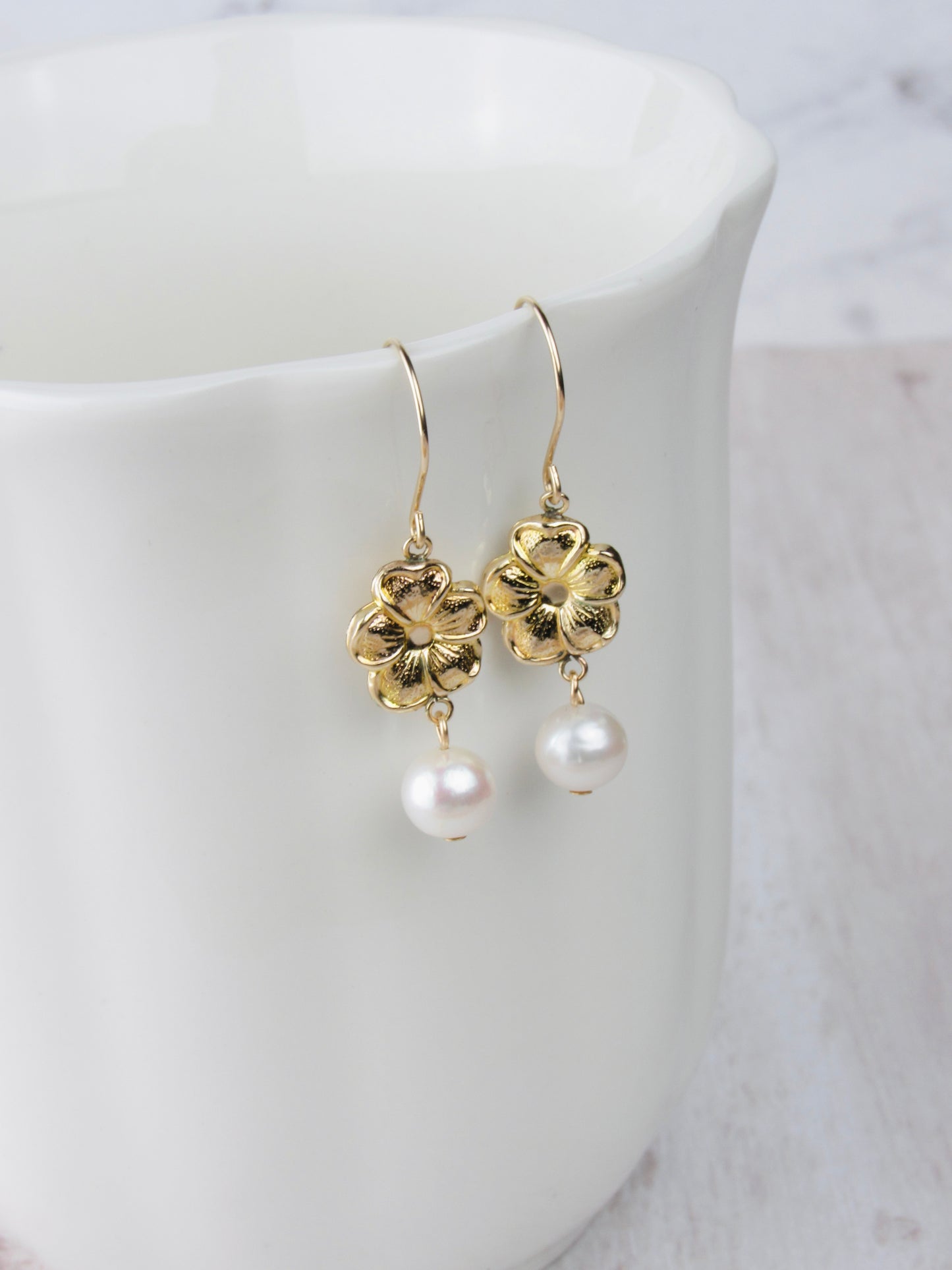 Gold Flower Pearl Dangle Earrings