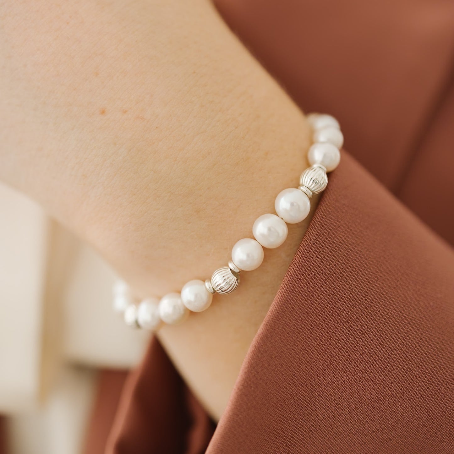 white pearl beaded bracelet for women