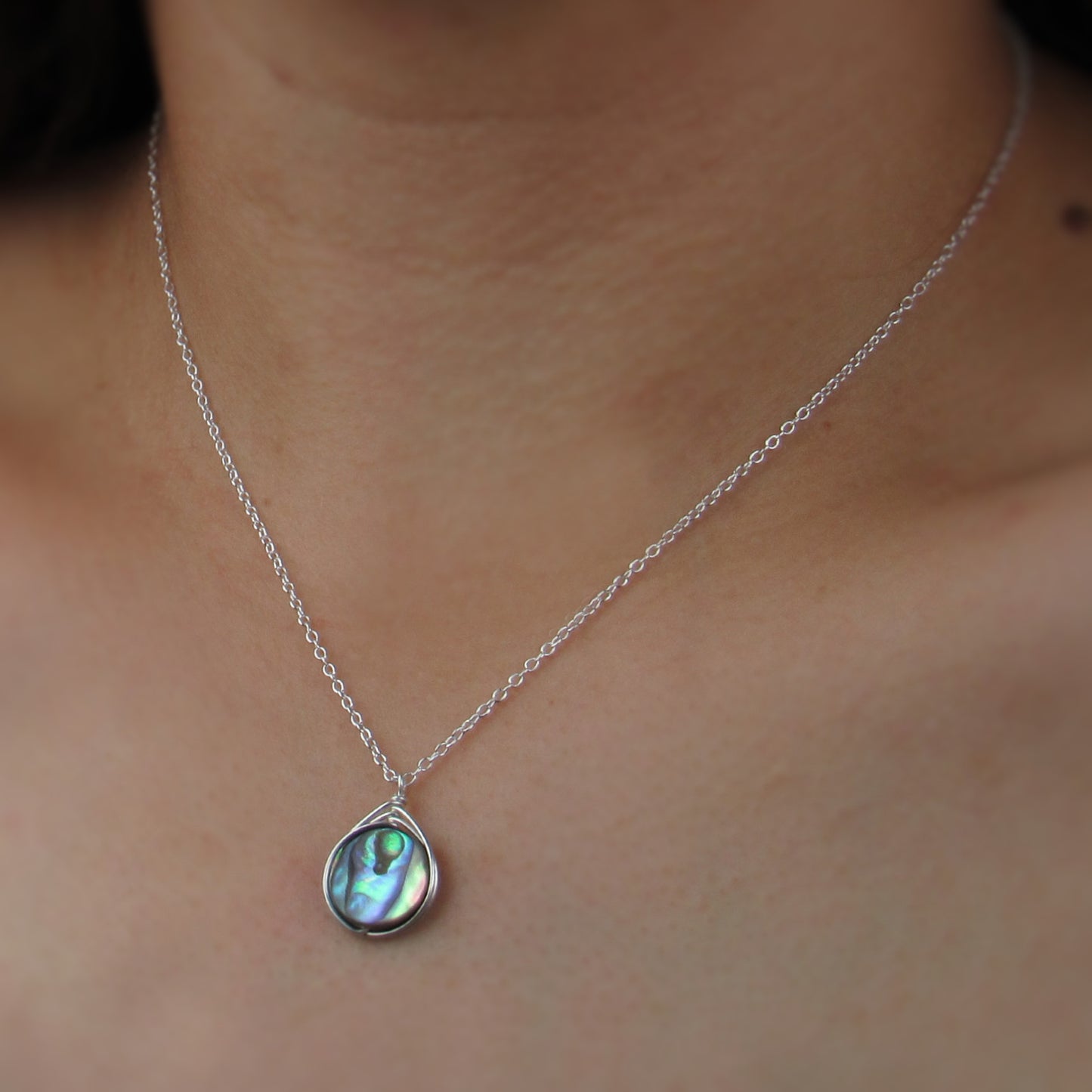 12mm Silver Circle Abalone Necklace
