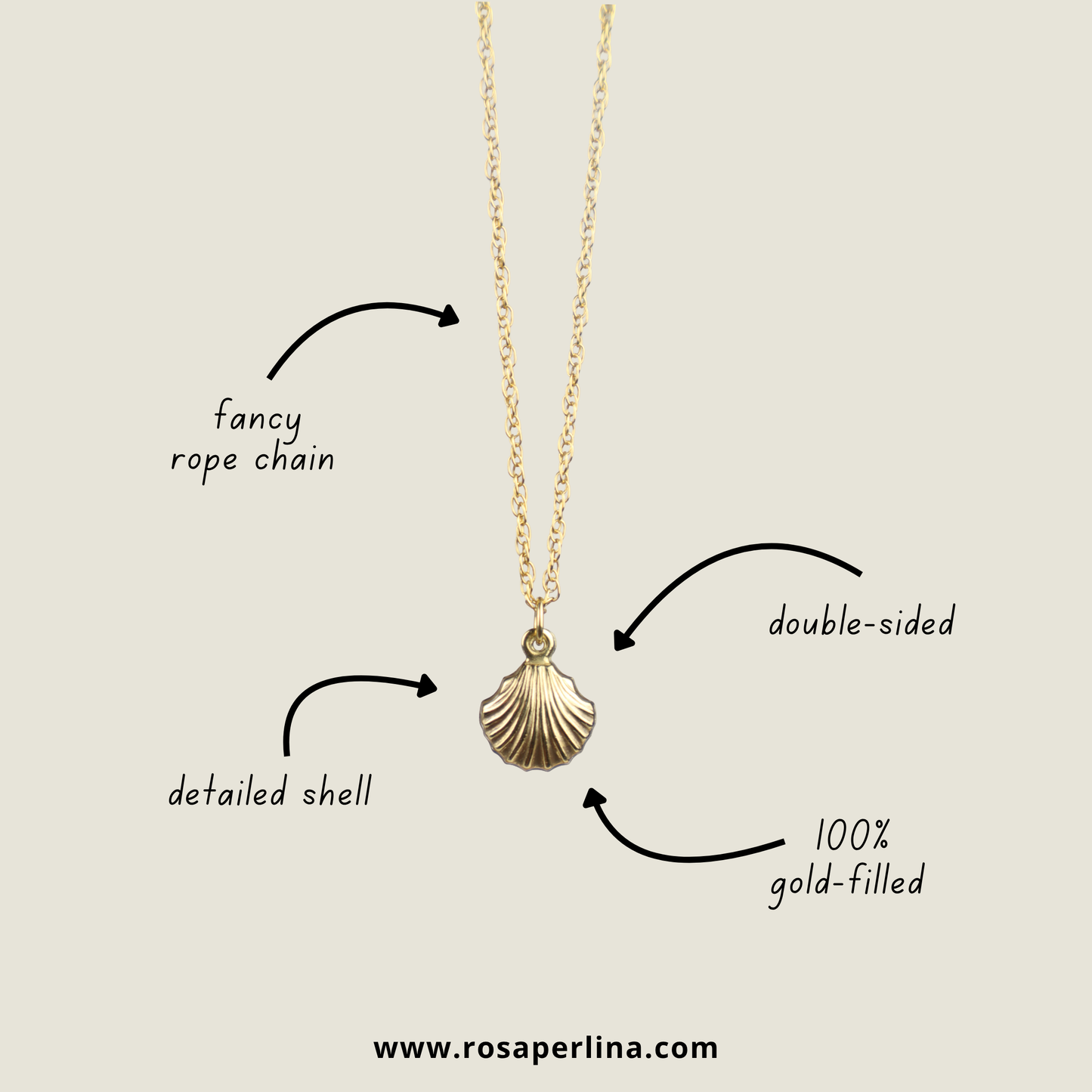Gold necklace with shell pendant on a beige background, labeled with features and brand name.