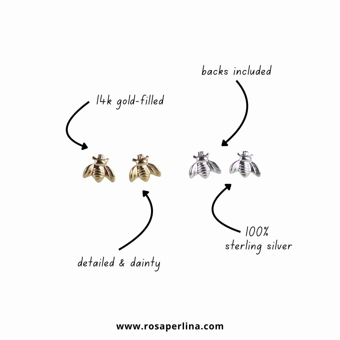 Two small bee-shaped stud earrings shown on a white background with handwritten callouts: one gold-filled and one sterling silver, plus notes that backs are included and the website rosaperlina.com appears at the bottom.