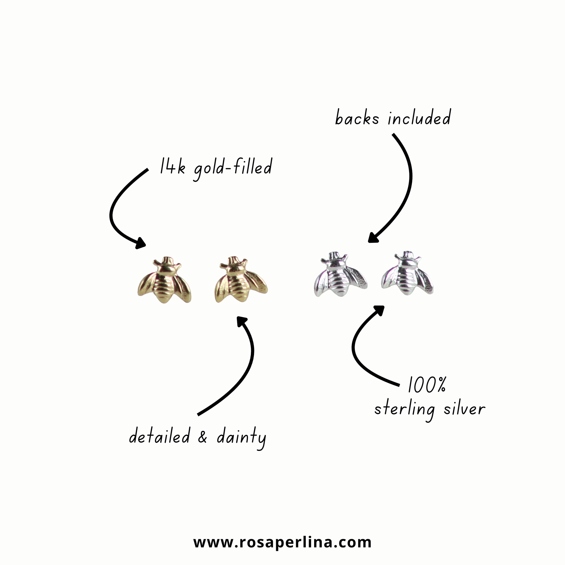 Two small bee-shaped stud earrings shown on a white background with handwritten callouts: one gold-filled and one sterling silver, plus notes that backs are included and the website rosaperlina.com appears at the bottom.