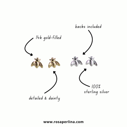 Two small bee-shaped stud earrings shown on a white background with handwritten callouts: one gold-filled and one sterling silver, plus notes that backs are included and the website rosaperlina.com appears at the bottom.
