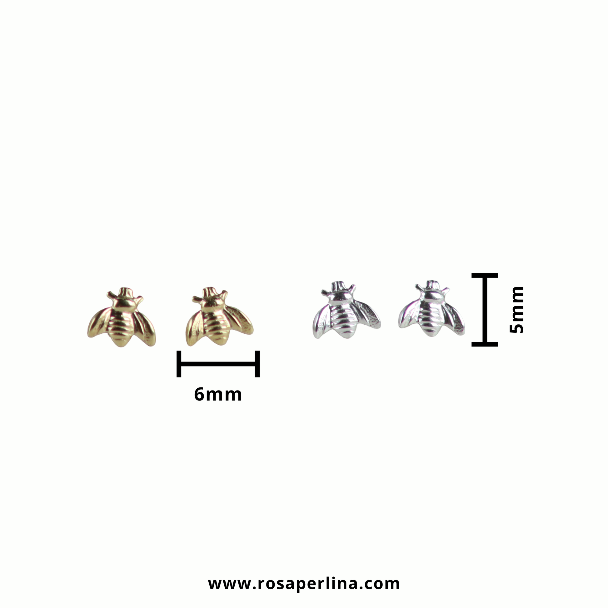 Two pairs of small bee-shaped stud earrings shown on a plain white background, with size markers indicating 6mm width for the left pair and 5mm width for the right pair. One pair is gold-toned and the other is silver-toned.
