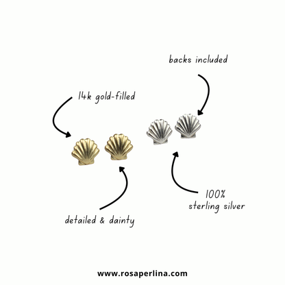 Two scallop-shaped stud earrings shown on a plain light background with handwritten callouts: one pair is gold-filled and labeled 14k gold-filled / detailed & dainty, and the other pair is silver and labeled 100% sterling silver / backs included. A website URL appears at the bottom.