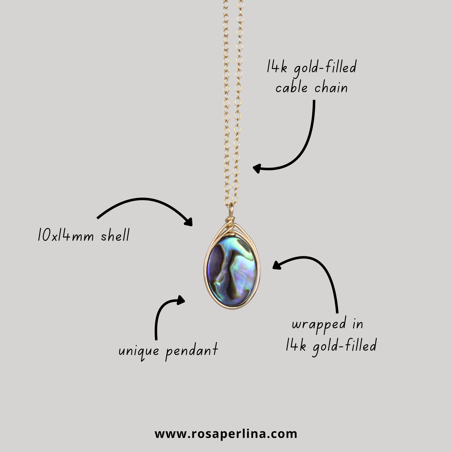 Jewelry necklace with pendant labeled '14k gold-filled cable chain', '10x14mm shell', 'unique pendant', 'wrapped in 14k gold-filled'.