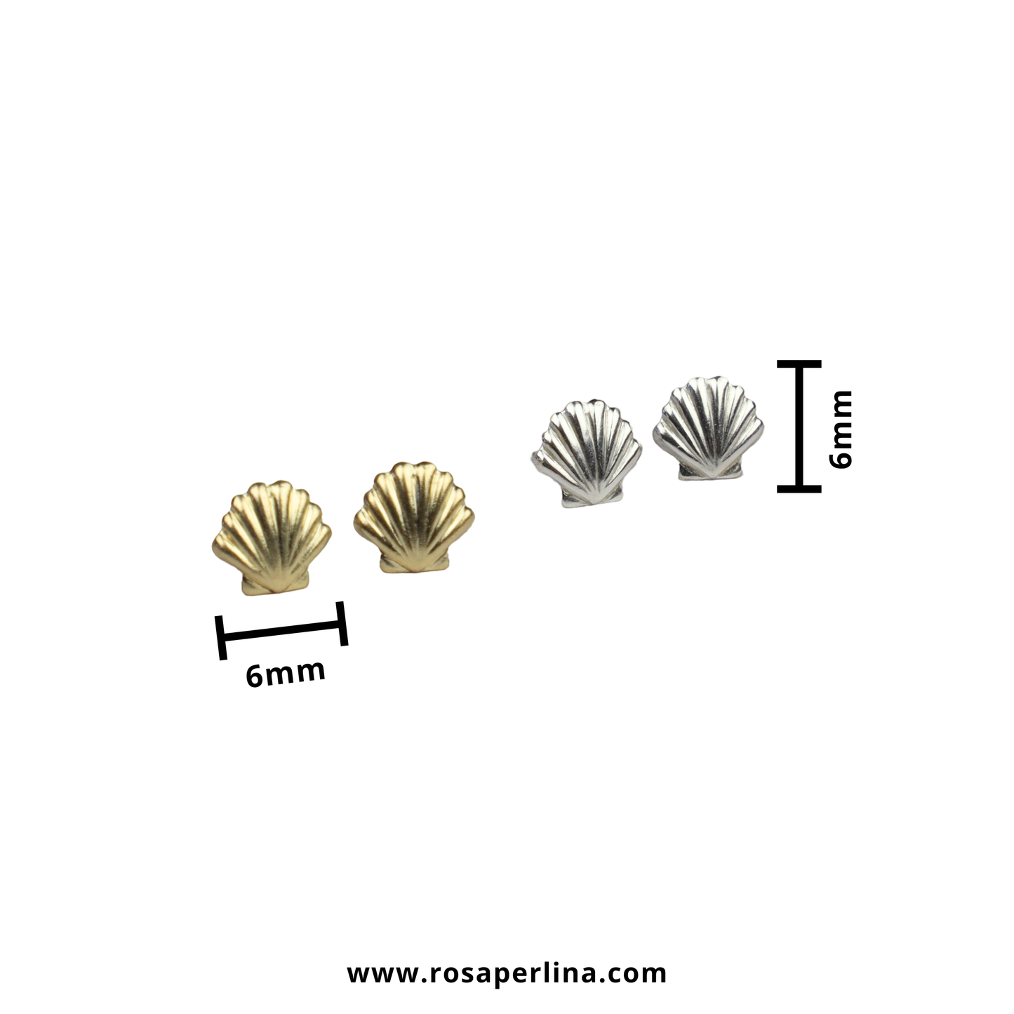 Two pairs of small scallop-shaped stud earrings shown on a white background, one in gold-tone metal and one in silver-tone metal, each labeled 6mm. A website URL is printed below.