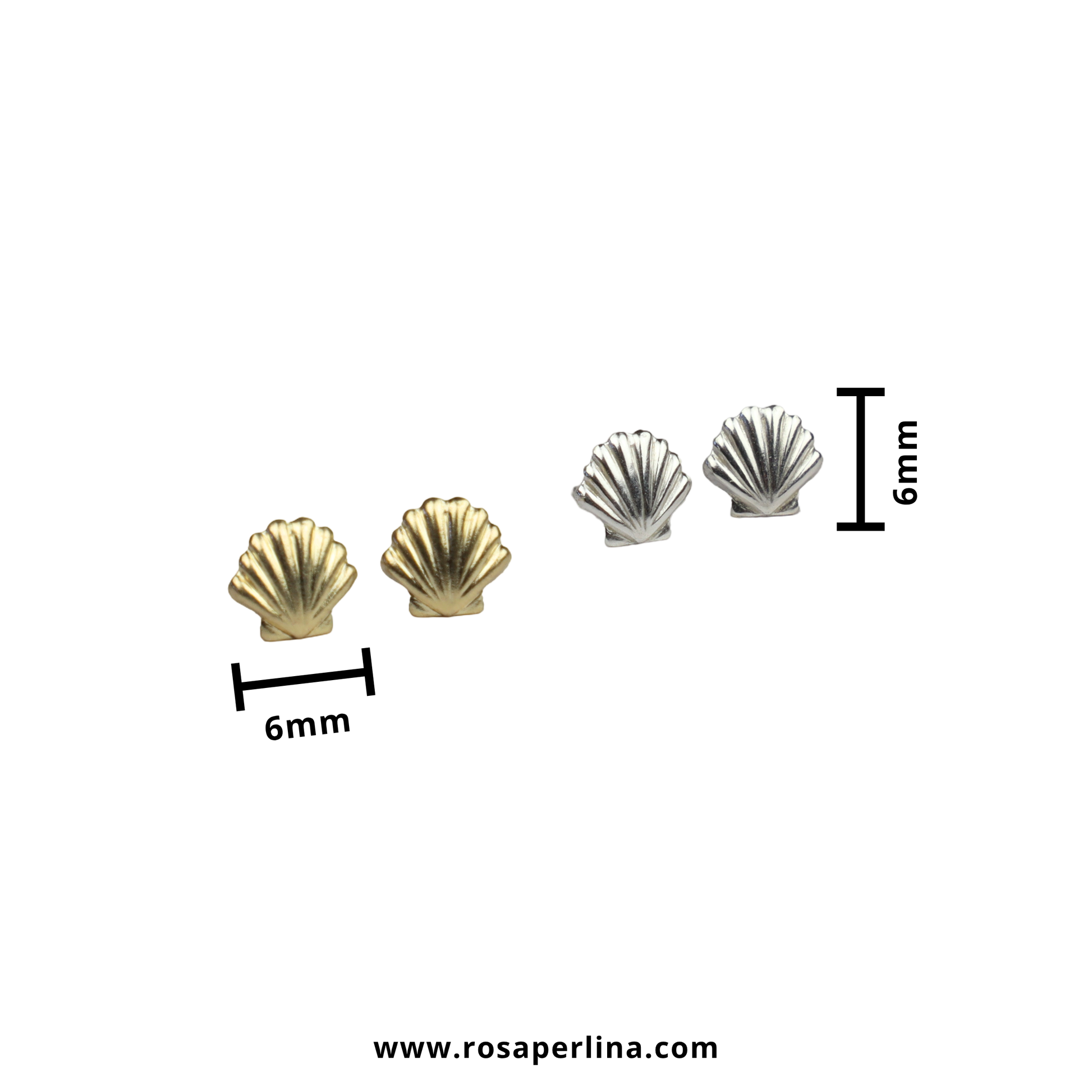 Two pairs of small scallop-shaped stud earrings shown on a white background, one in gold-tone metal and one in silver-tone metal, each labeled 6mm. A website URL is printed below.