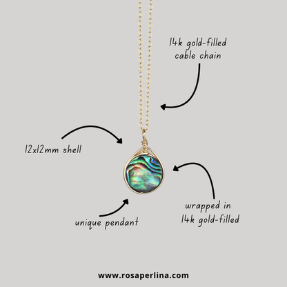 Jewelry necklace with abalone shell pendant and gold-filled chain on a light gray background