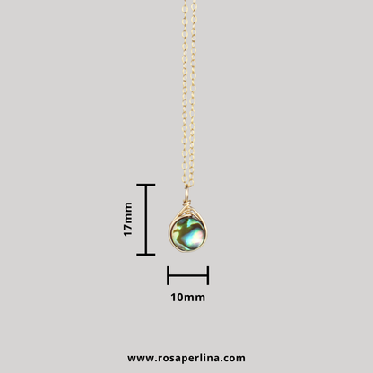 Necklace with a pendant on a gray background, showing measurements and Rosaperlinas website.