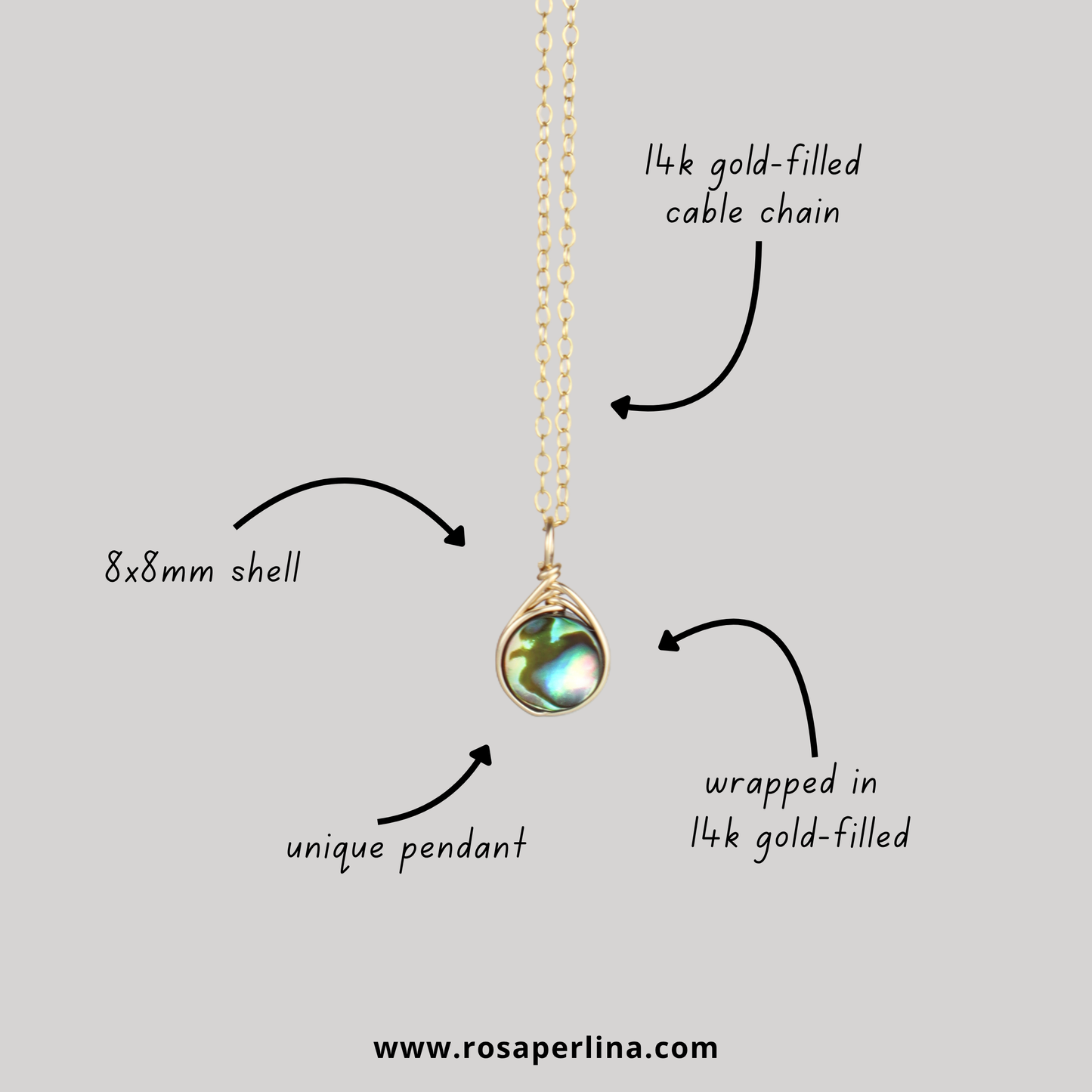 Necklace with shell pendant and gold chain on a light gray background