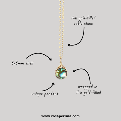 Necklace with shell pendant and gold chain on a light gray background