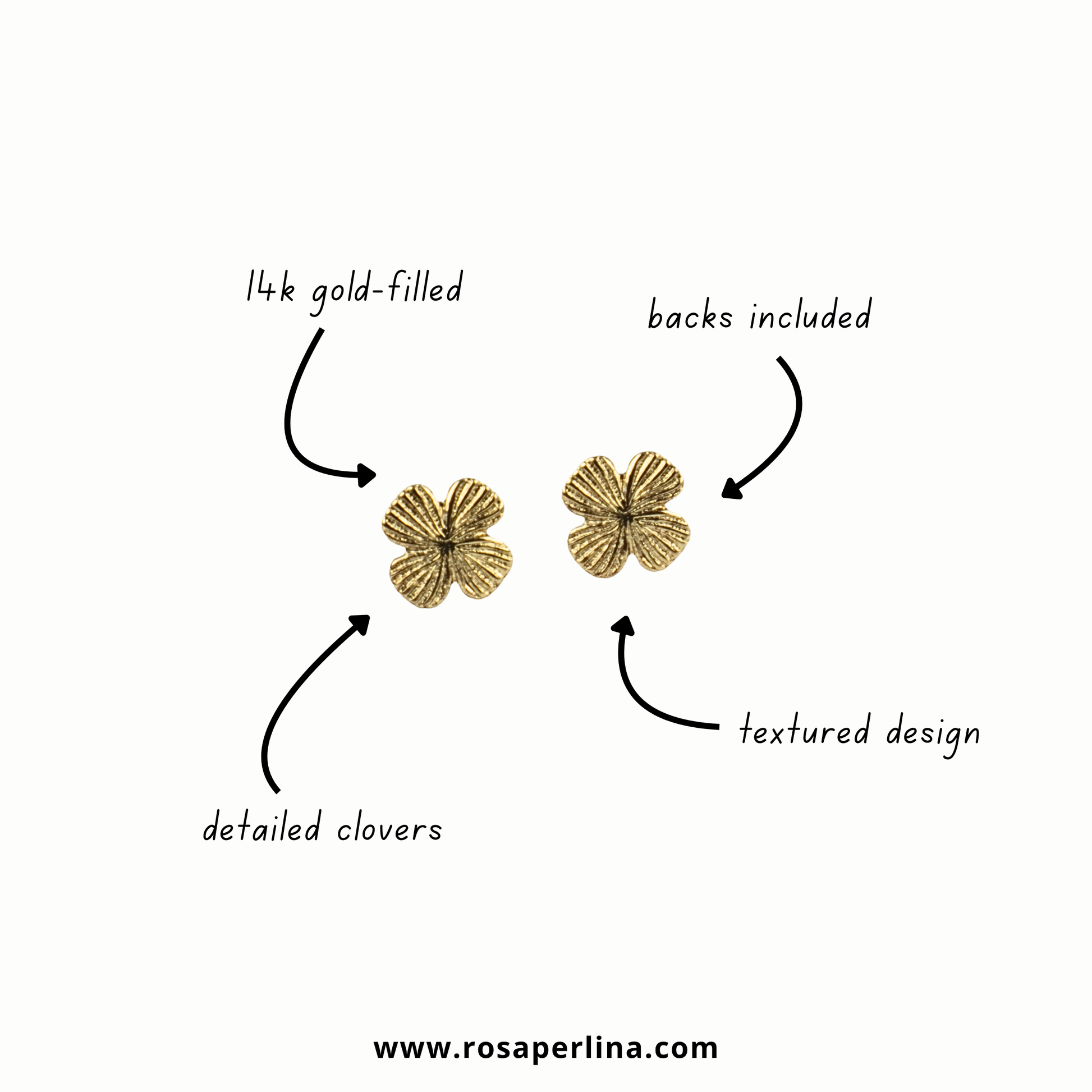 Two small gold flower-shaped stud earrings on a white background with handwritten callouts reading '14k gold-filled', 'backs included', 'textured design', and 'detailed clovers'.
