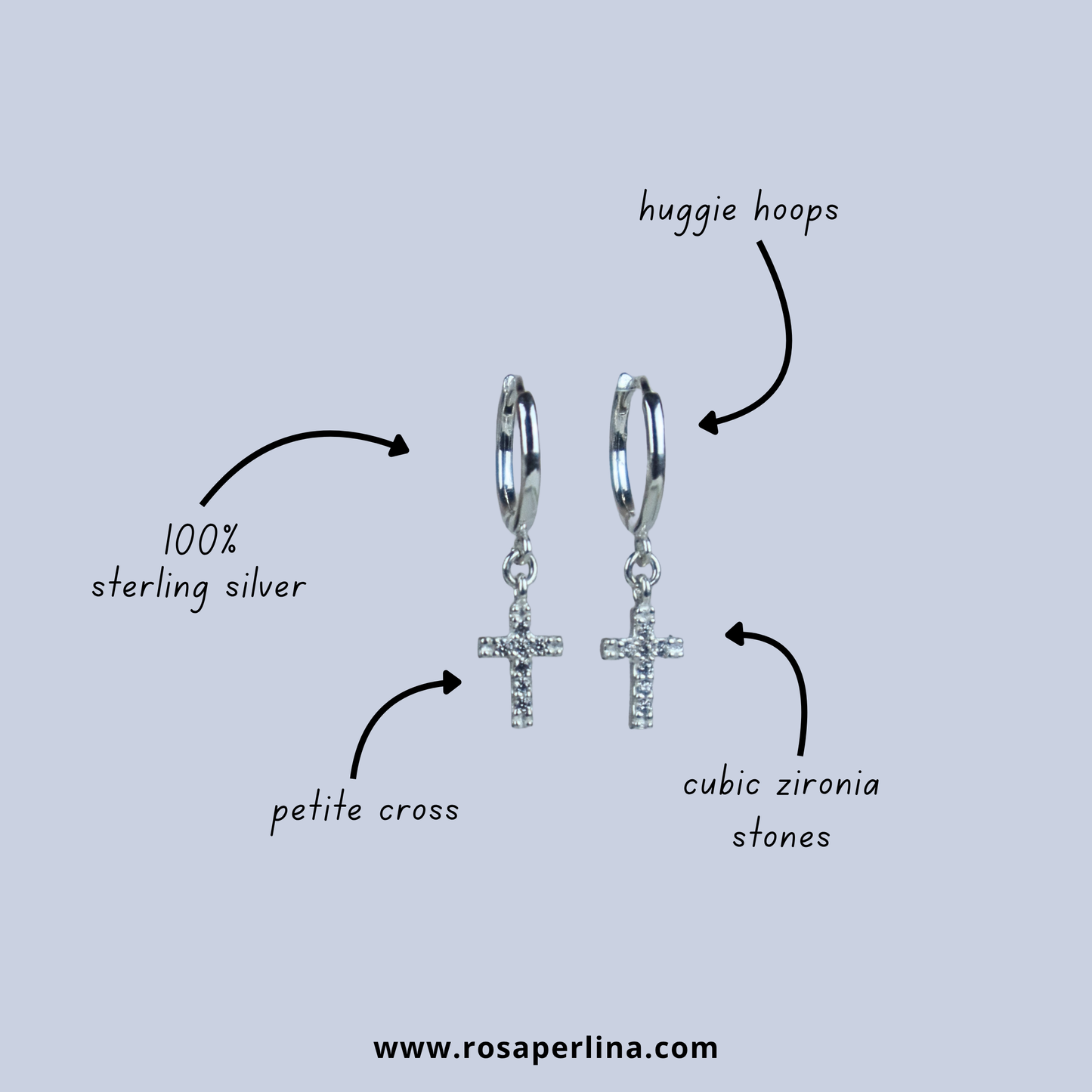 Silver hoop earrings with crosses and cubic zirconia stones on a light gray background, labeled as 'huggie hoops' and '100% sterling silver'.