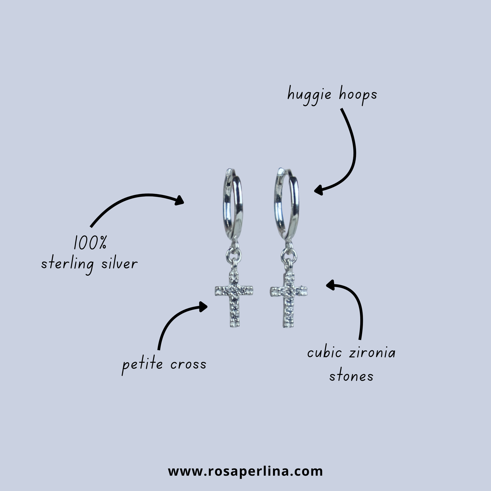 Silver hoop earrings with crosses and cubic zirconia stones on a light gray background, labeled as 'huggie hoops' and '100% sterling silver'.