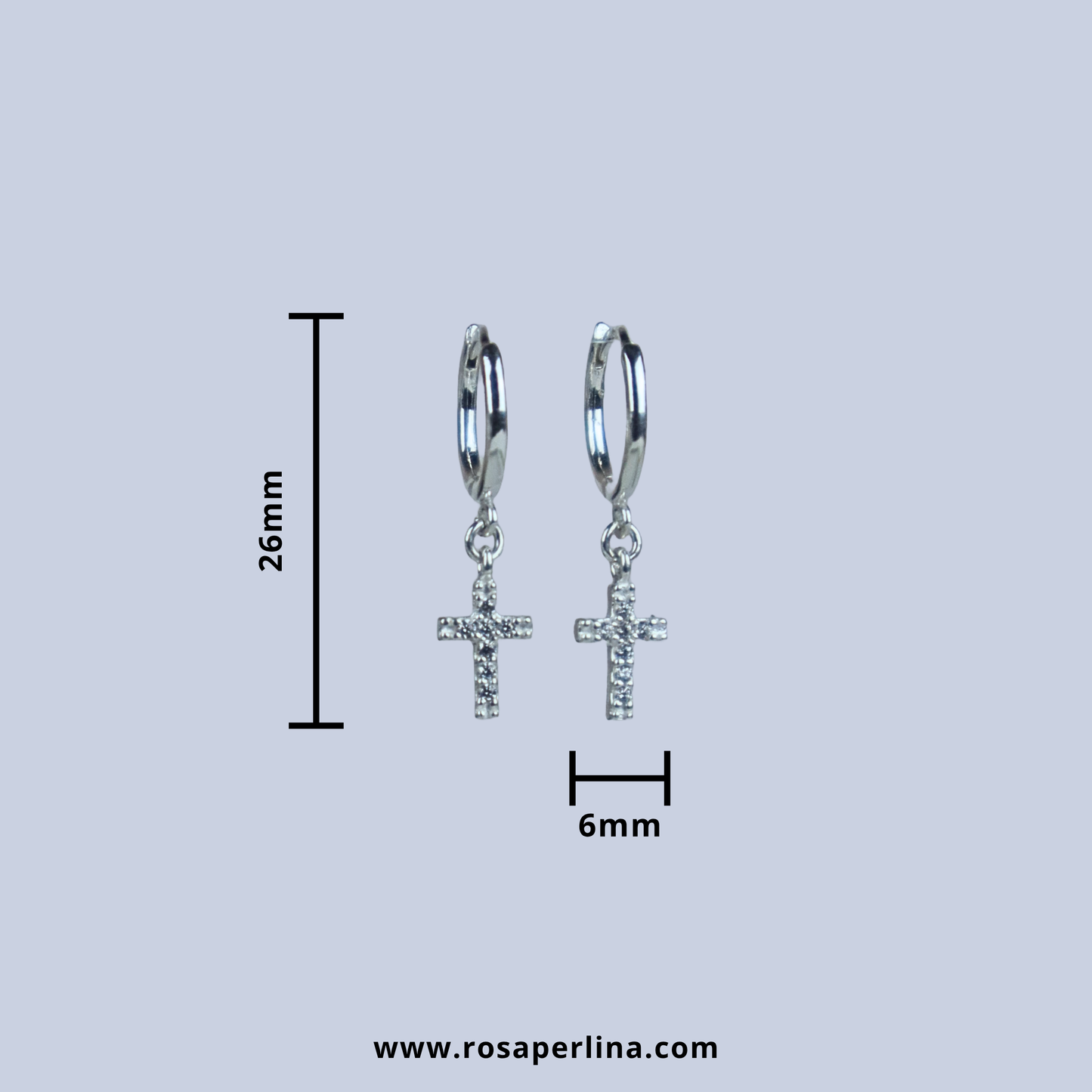 Silver cross earrings with measurements on a light gray background, featuring the brand 'rosaperlinas'.