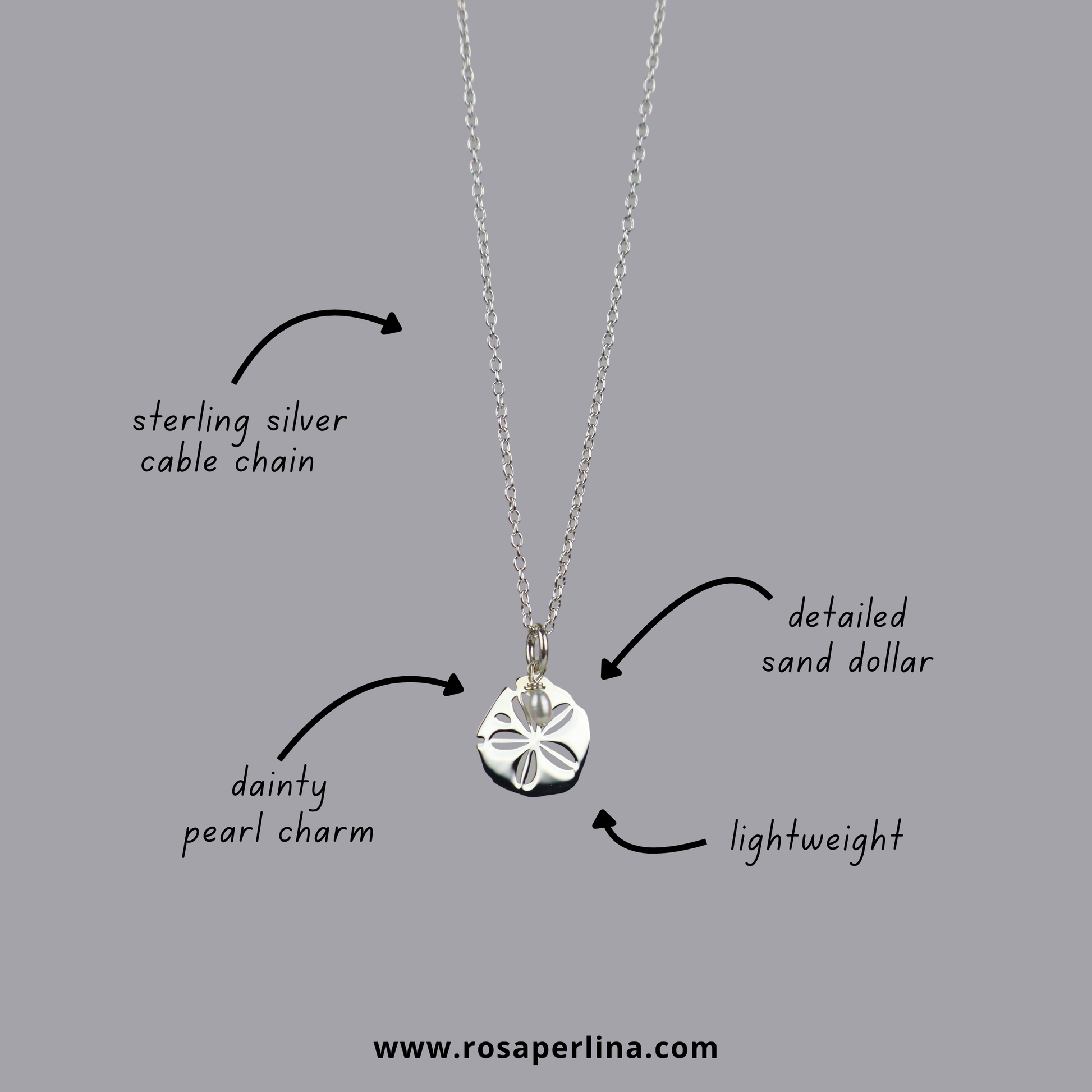 Necklace with sand dollar pendant and pearl charm on a gray background, featuring text labels and a website URL.