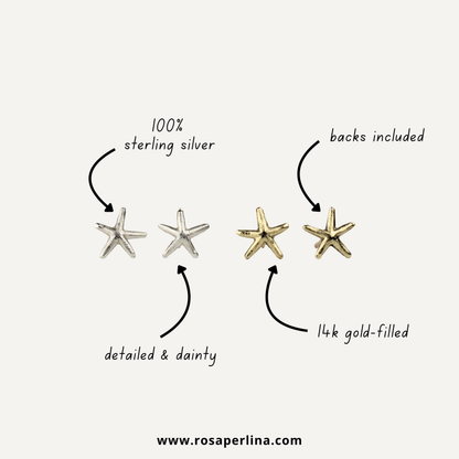 Two pairs of starfish-shaped stud earrings on a light warm gray background, with handwritten callouts reading '100% sterling silver', 'detailed & dainty', 'backs included', and '14k gold-filled'. The left pair is silver-toned and the right pair is gold-toned.