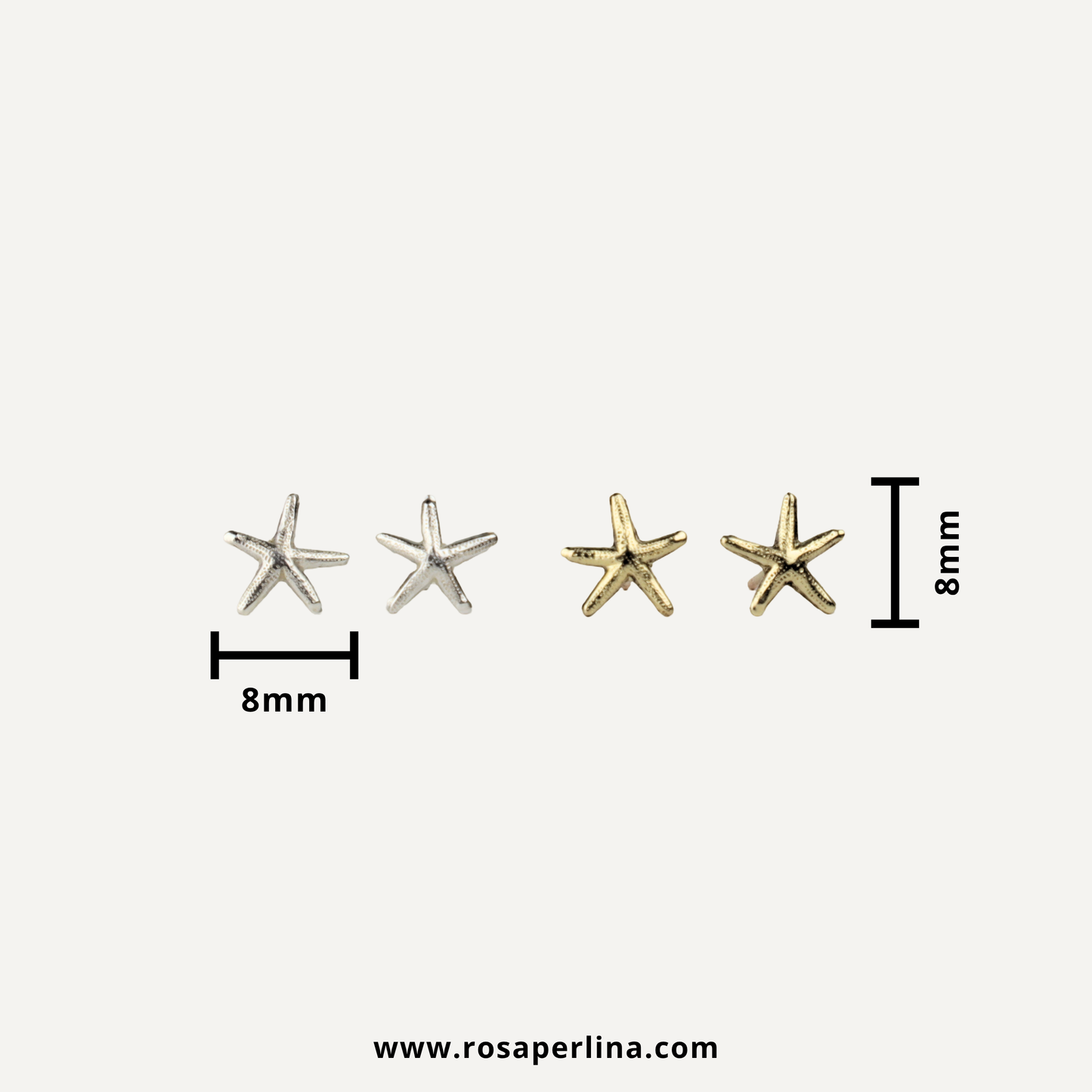 Two small starfish-shaped stud earrings shown on a light gray background, with size markers indicating 8mm width for the silver pair and 8mm height for the gold pair. 