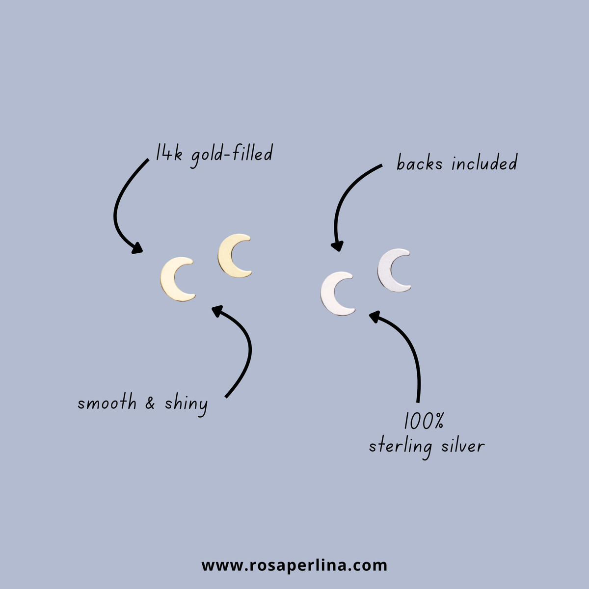 moon earrings infographic describing metals and earring backs included