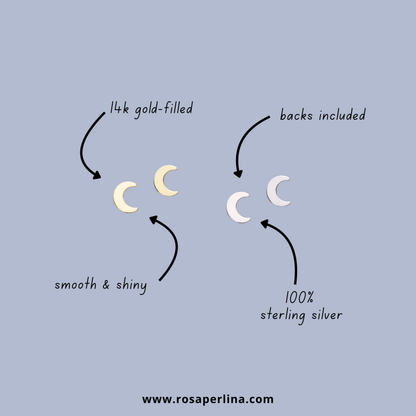 moon earrings infographic describing metals and earring backs included