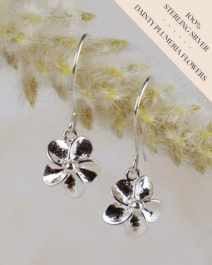 Dainty Plumeria Flower Dangle Earrings (Sterling Silver)