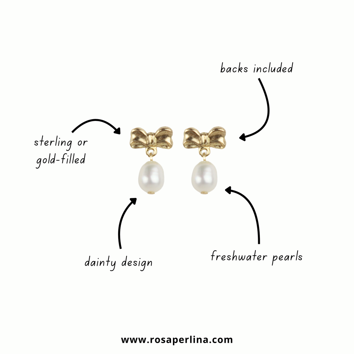 Gold bow stud earrings with freshwater pearls, shown on a white background with handwritten callouts noting sterling or gold-filled metal, dainty design, freshwater pearls, and backs included.