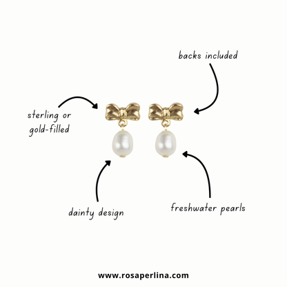 Gold bow stud earrings with freshwater pearls, shown on a white background with handwritten callouts noting sterling or gold-filled metal, dainty design, freshwater pearls, and backs included.