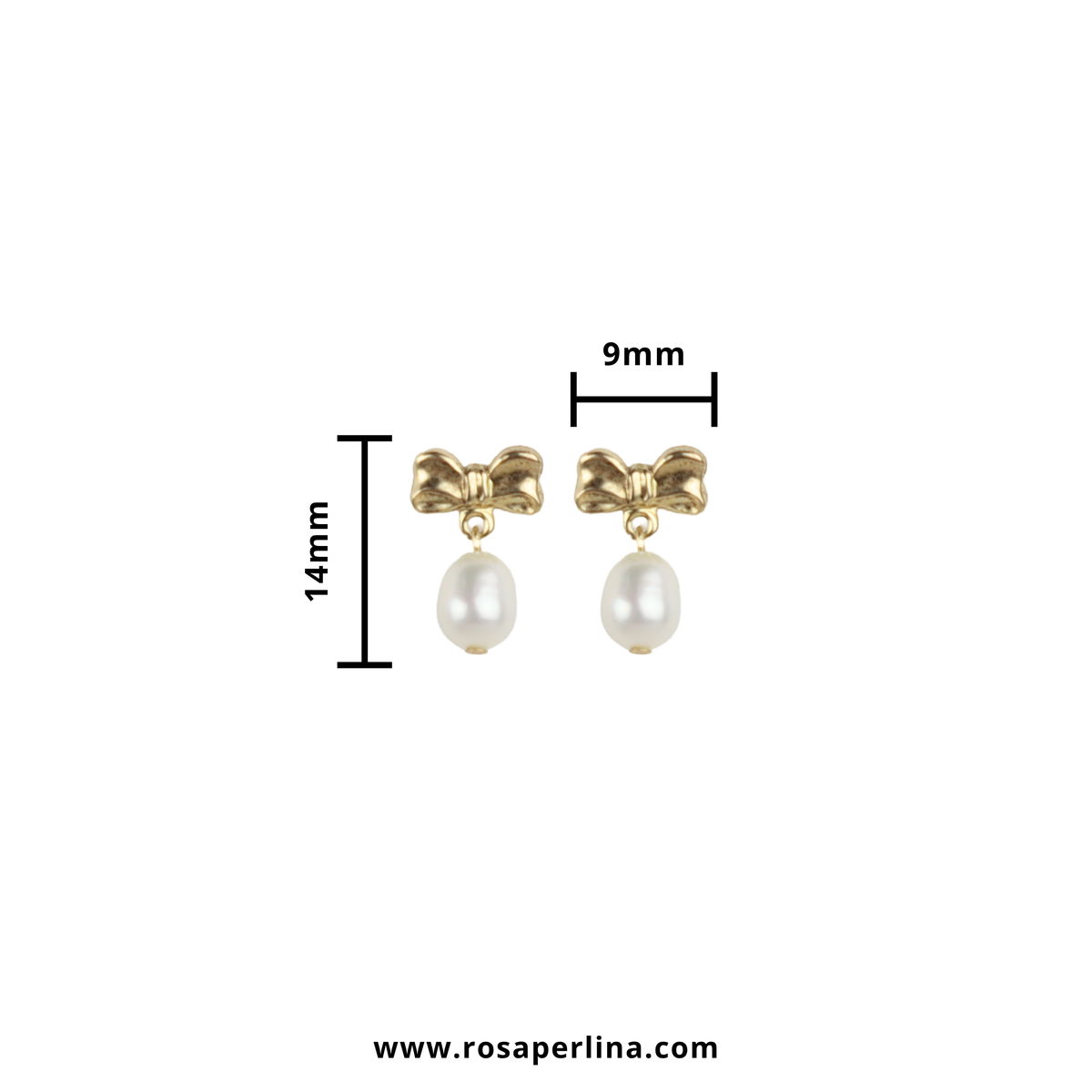 Gold bow and pearl drop earrings shown on a white background with dimension lines indicating 14mm height and 9mm width, plus the website rosaperlina.com.