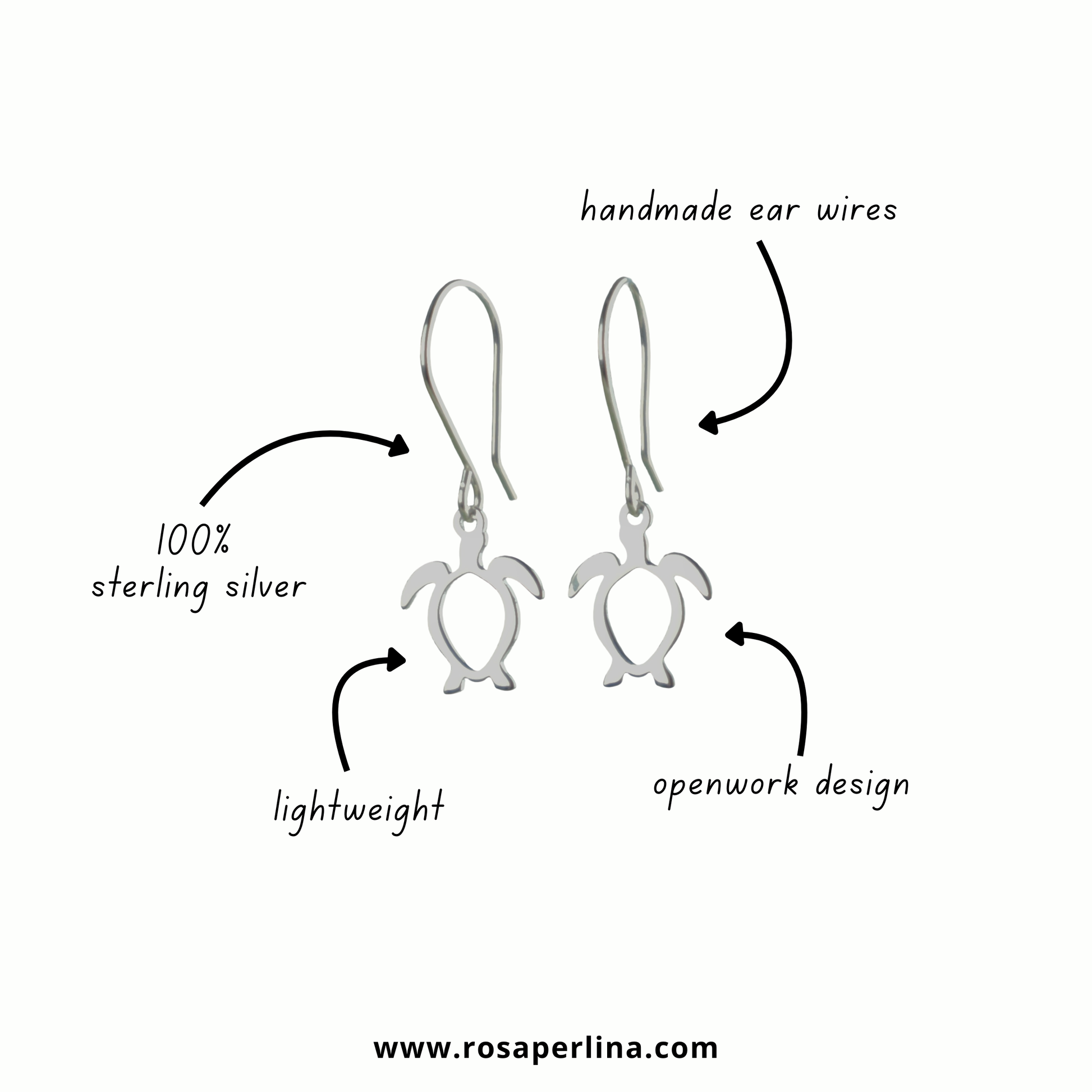 Silver turtle earrings with text describing features on a white background