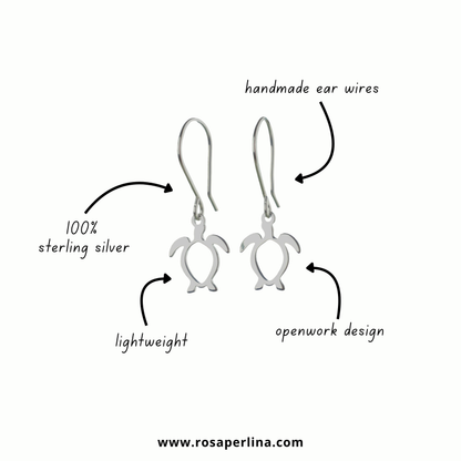 Silver turtle earrings with text describing features on a white background