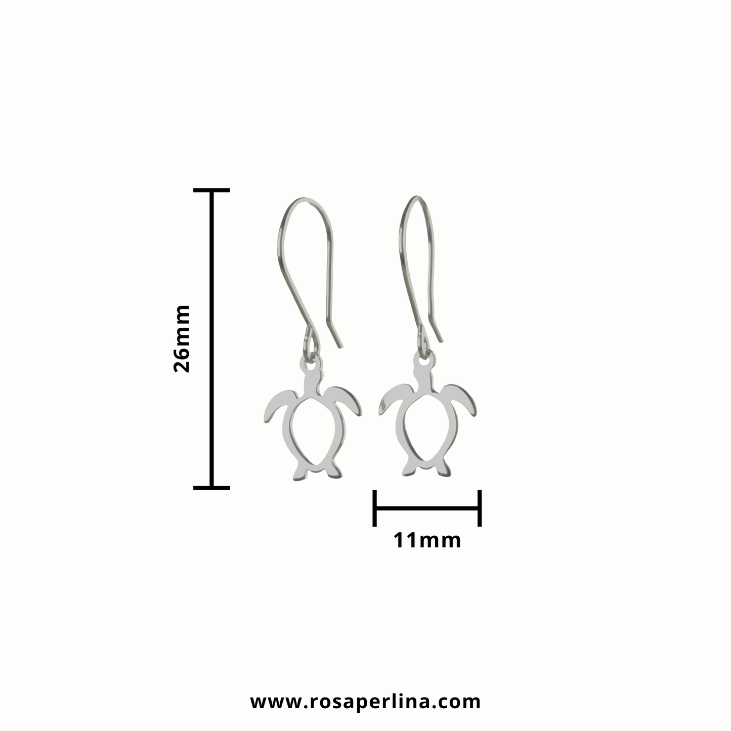 Silver turtle earrings with measurements on a white background, featuring the Rosaperliná brand.