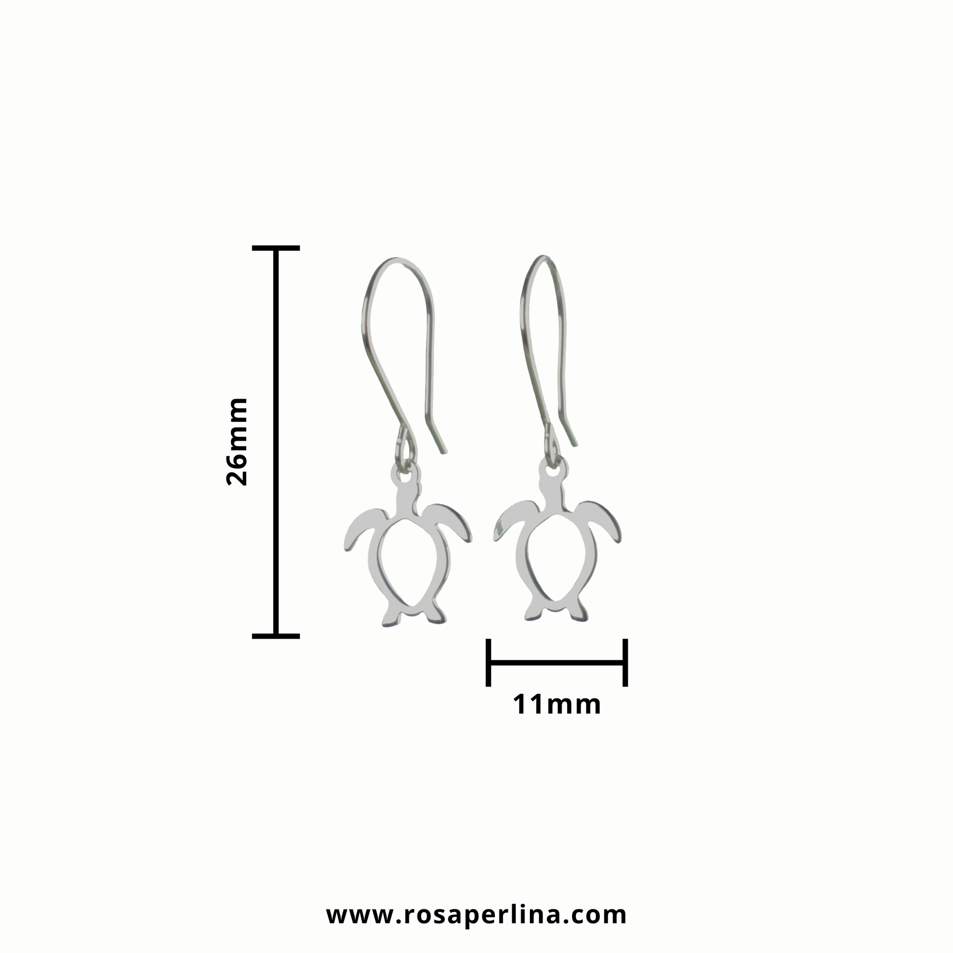 Silver turtle earrings with measurements on a white background, featuring the Rosaperliná brand.