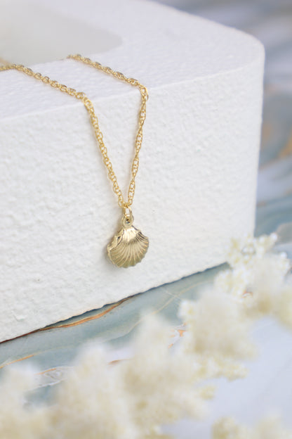 Gold necklace with a shell pendant on a white cushion, surrounded by white flowers.