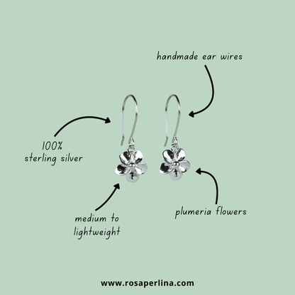 Dainty Plumeria Flower Dangle Earrings (Sterling Silver)
