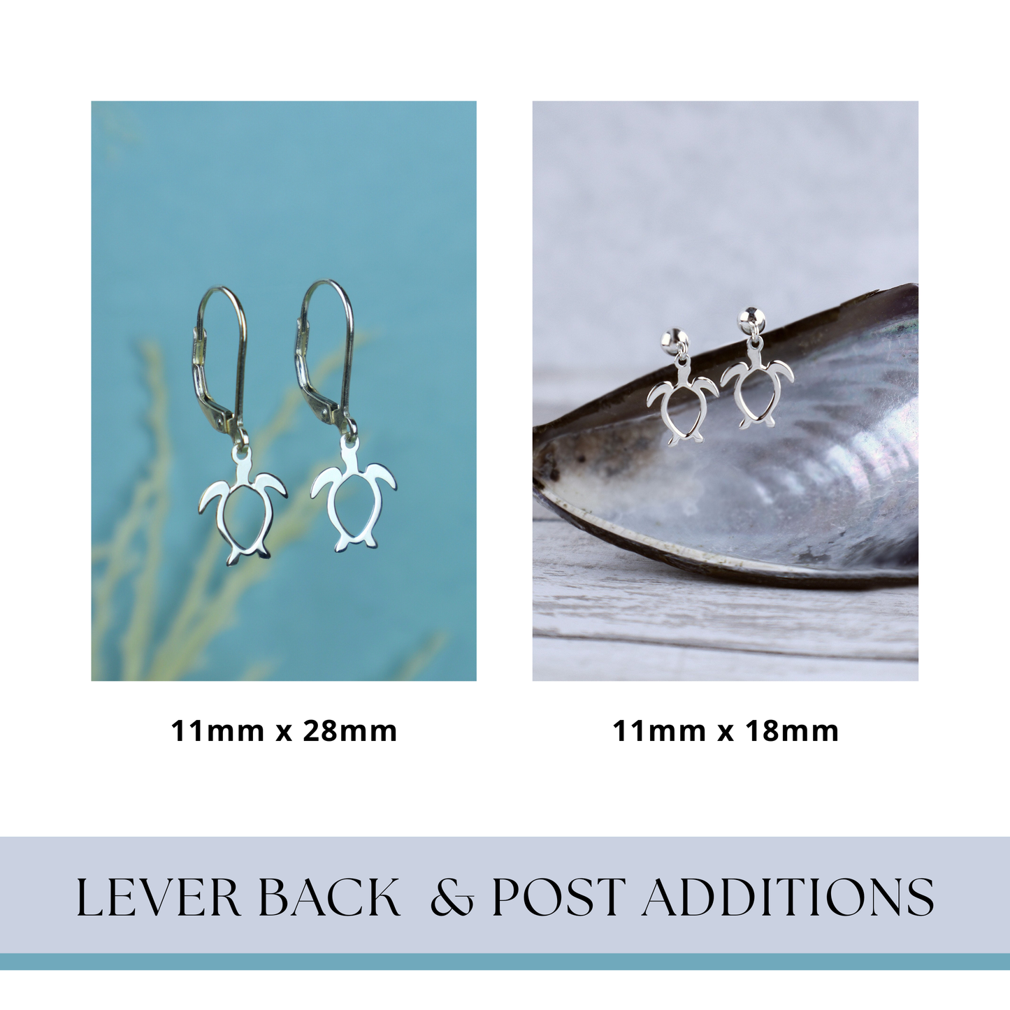 Silver turtle earrings with lever back and post additions on a blue background