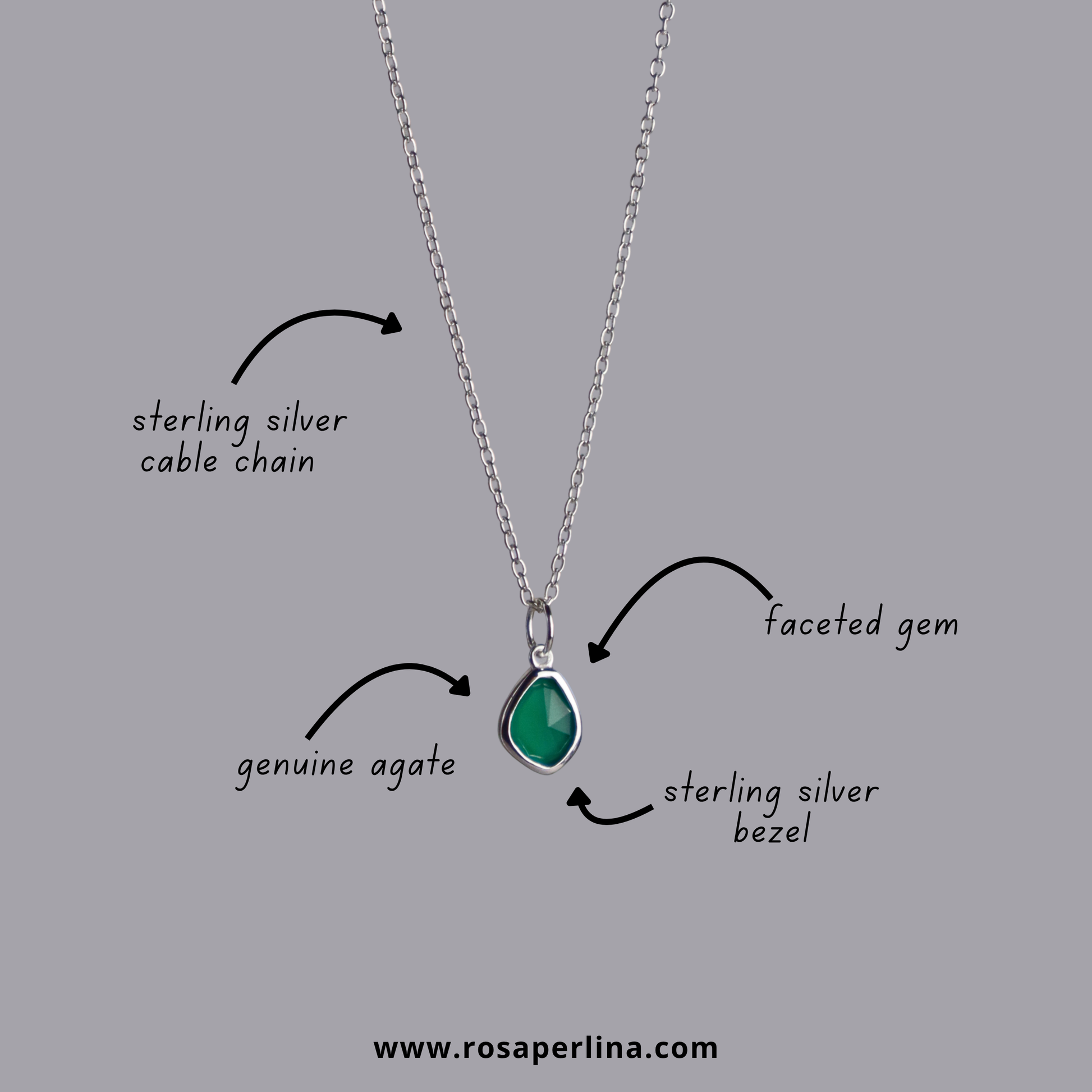 Necklace with green agate pendant and sterling silver chain on gray background