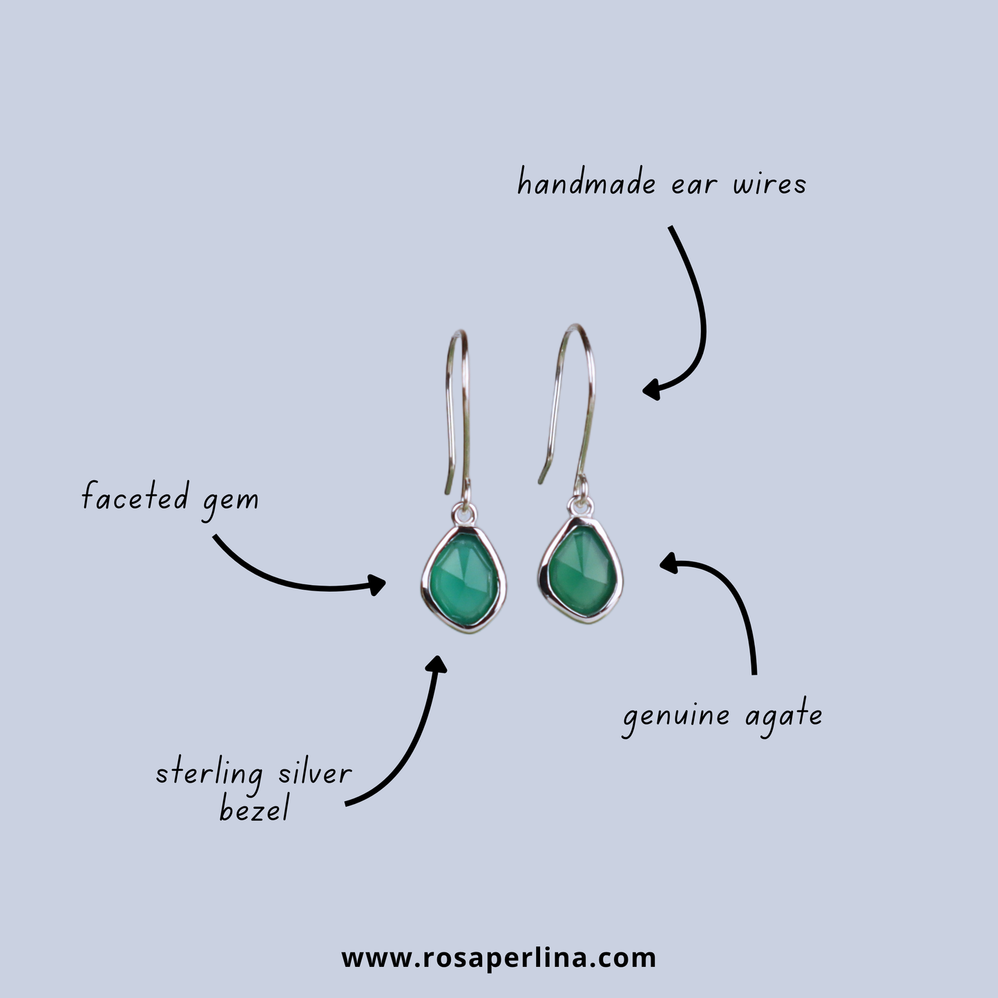 Green teardrop earrings with silver bezels on a light blue background, labeled with materials.