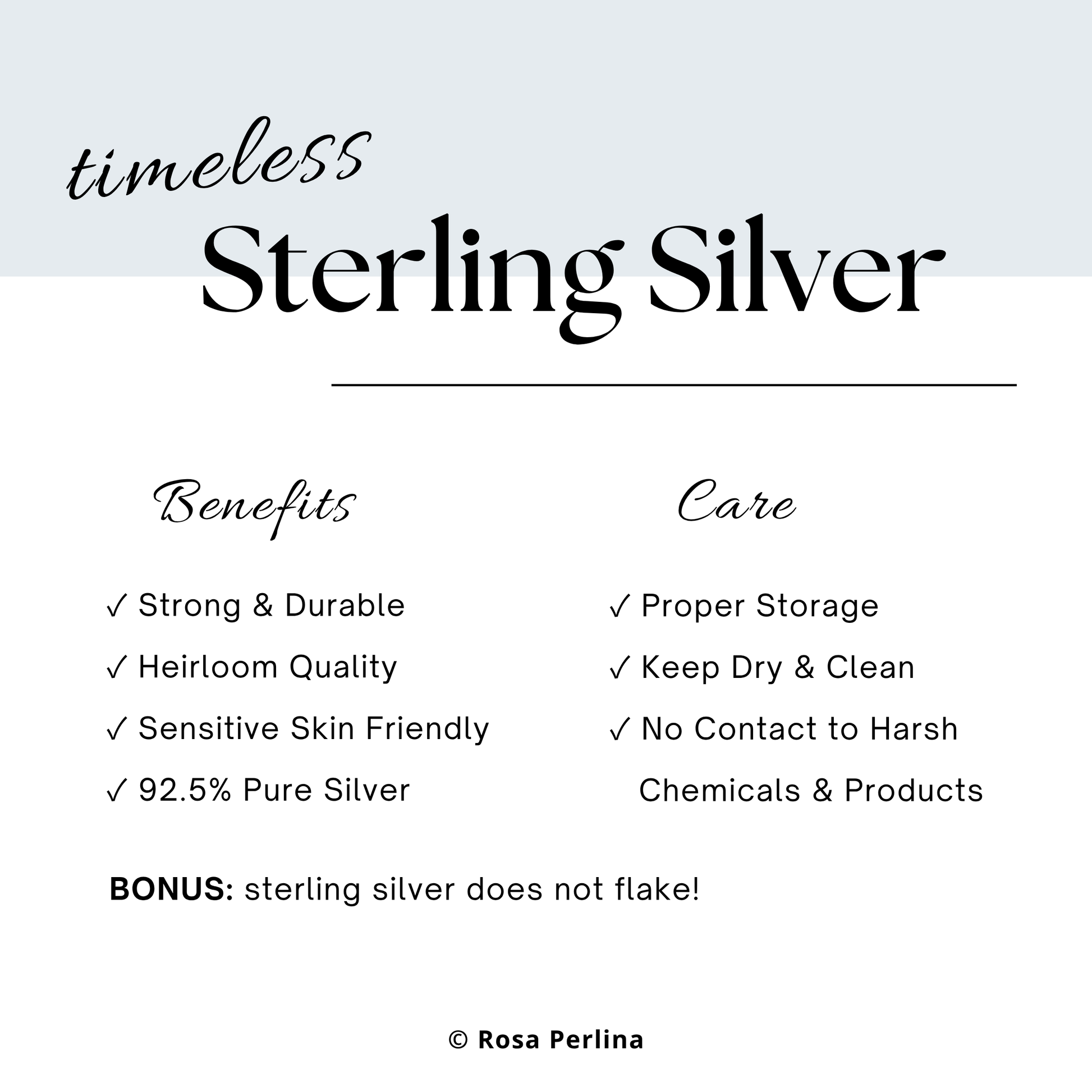 Text detailing the benefits and care of timeless sterling silver on a white background.