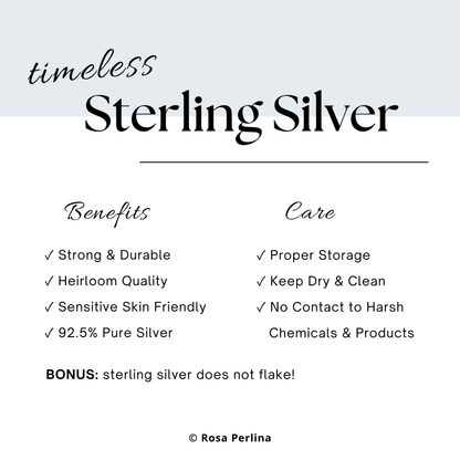Text detailing the benefits and care of timeless sterling silver on a white background.