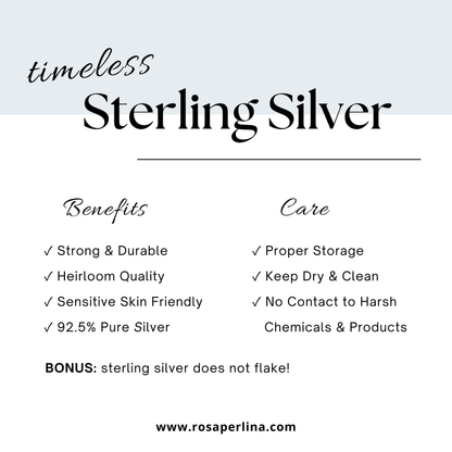 Advertisement for timeless Sterling Silver with benefits and care instructions on a white background.