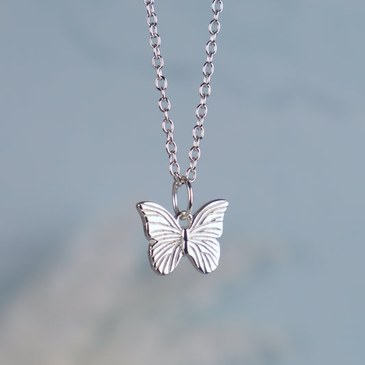 detailed and textured butterfly pendant close up on a blue grey background 