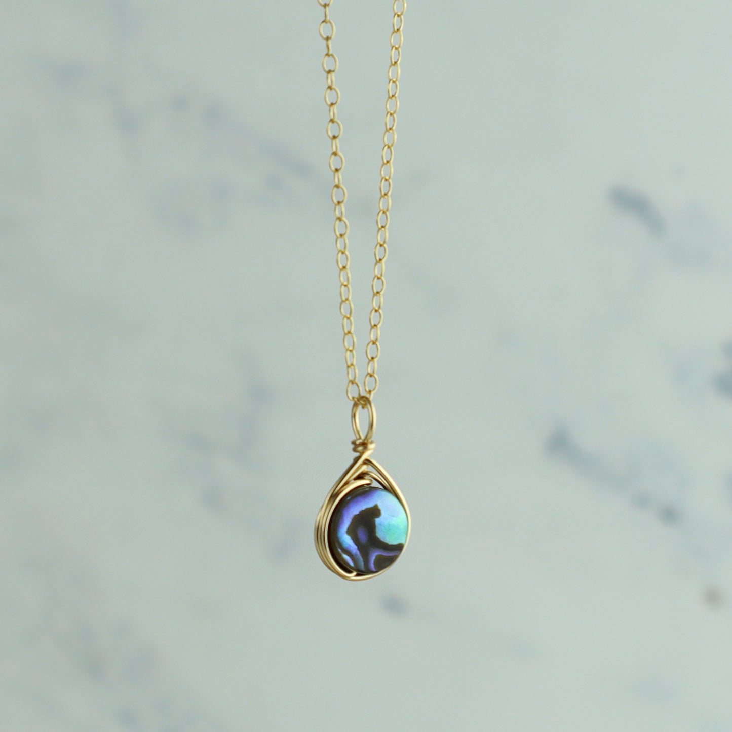 Wrapped Small Circle Abalone Pendant Necklace (14k Gold-Filled)