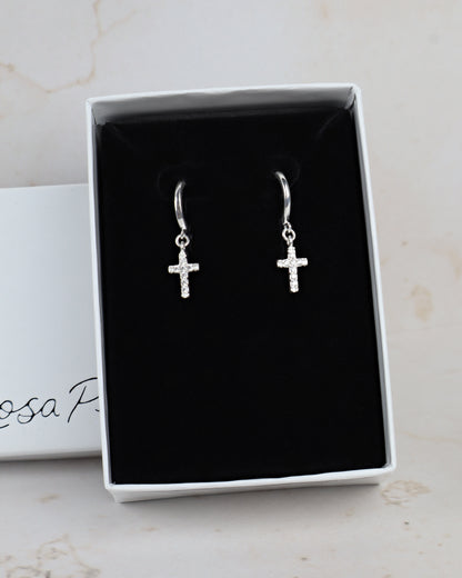 PRE ORDER! CZ Cross Huggie Hoop Earrings (Sterling Silver)