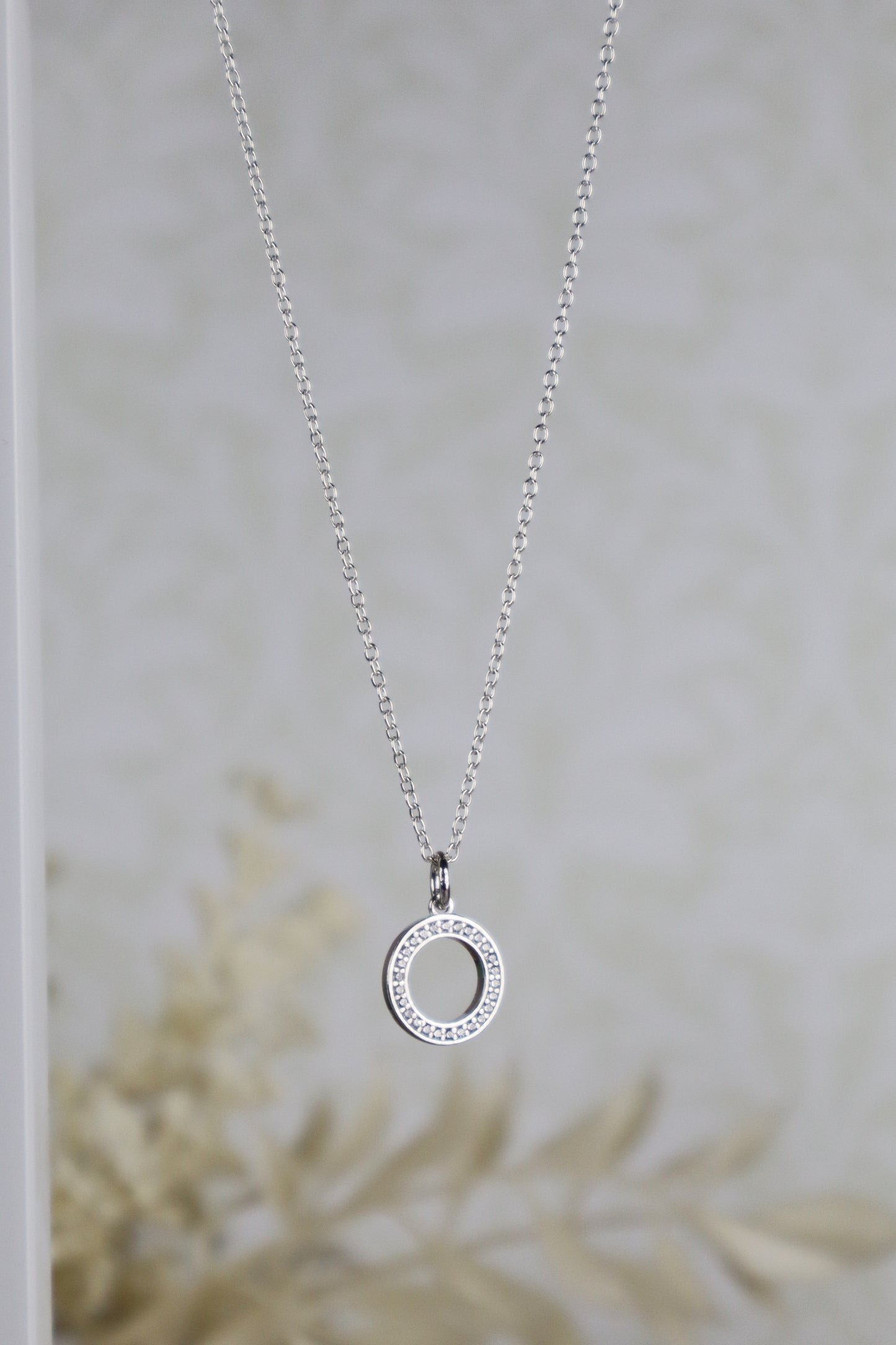 Silver necklace with a circular pendant on a neutral background