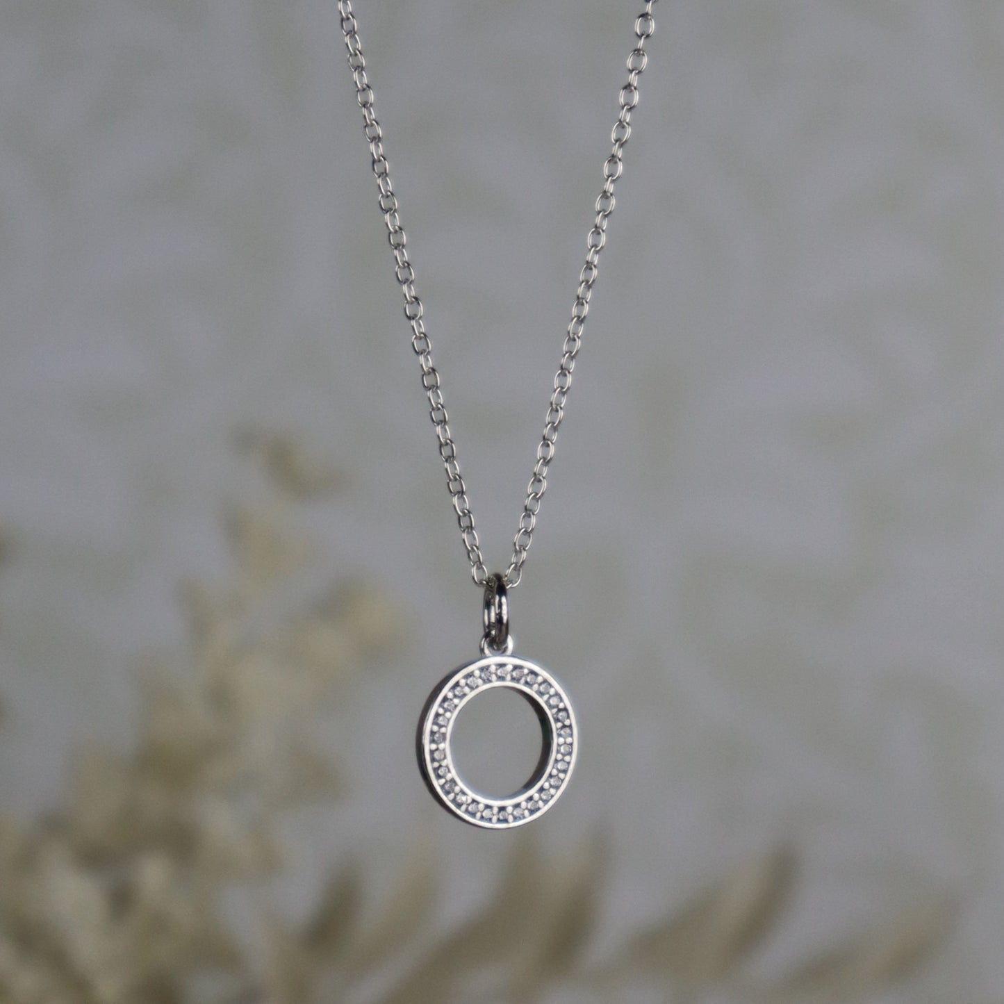 Silver necklace with a circular pendant on a blurred background