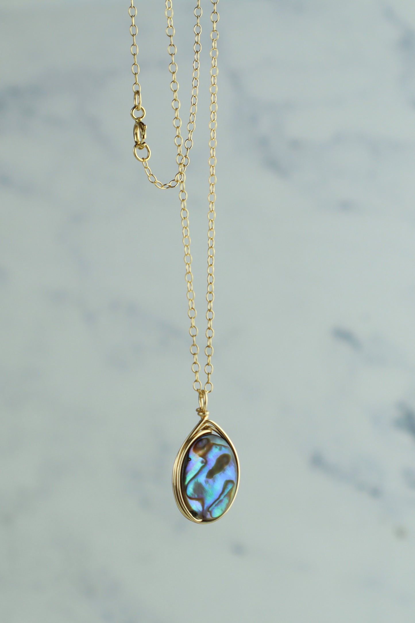 Gold necklace with an abalone shell pendant on a light gray background