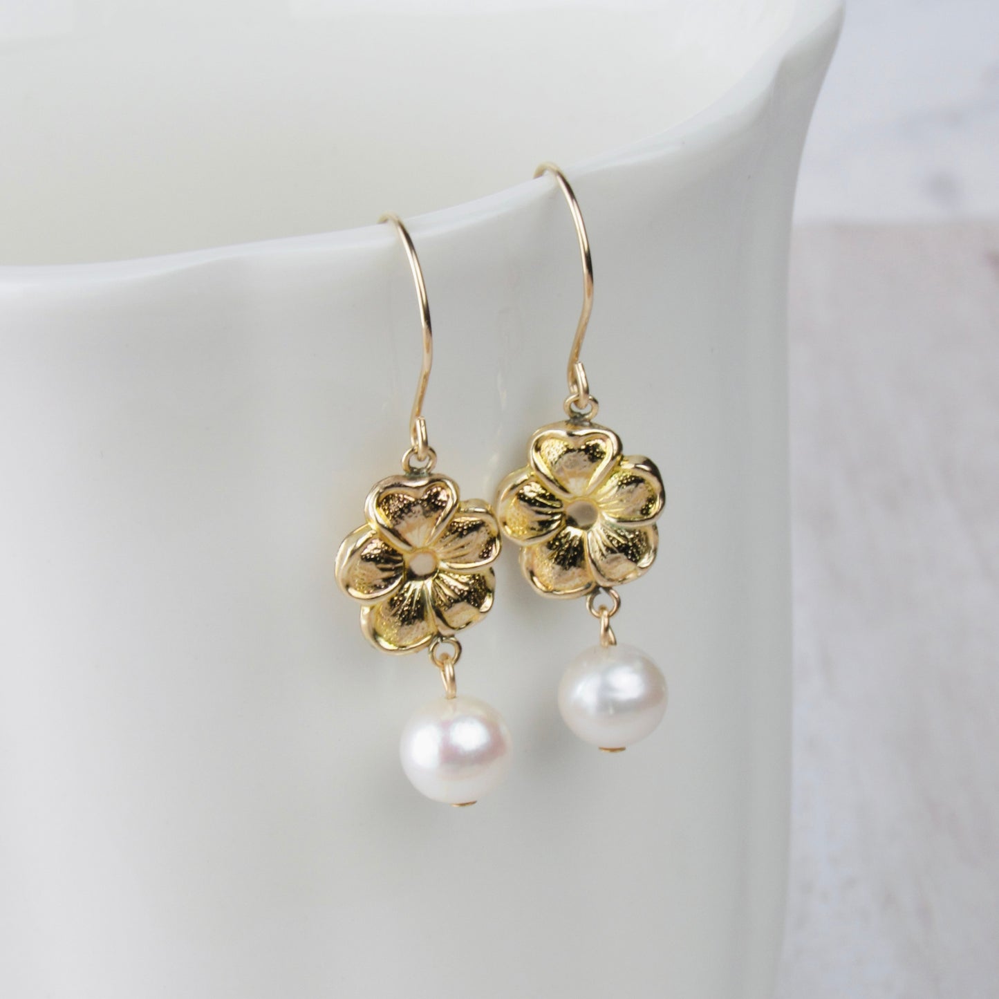 Gold Flower Pearl Dangle Earrings