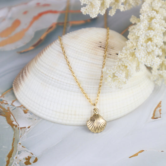 Gold shell pendant necklace on a white shell with a floral background